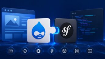 How Drupal is built on Symfony: layered architecture diagram showing Drupal core on top of Symfony components like HttpKernel, EventDispatcher, and DependencyInjection