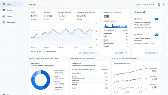 Google Analytics 4 (GA4) dashboard showing event-based tracking, conversions, and cross-platform analytics