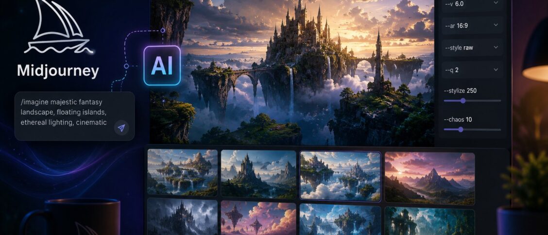 Midjourney AI art generation: text-to-image creation showing prompts, styles, and outputs from the generative AI tool