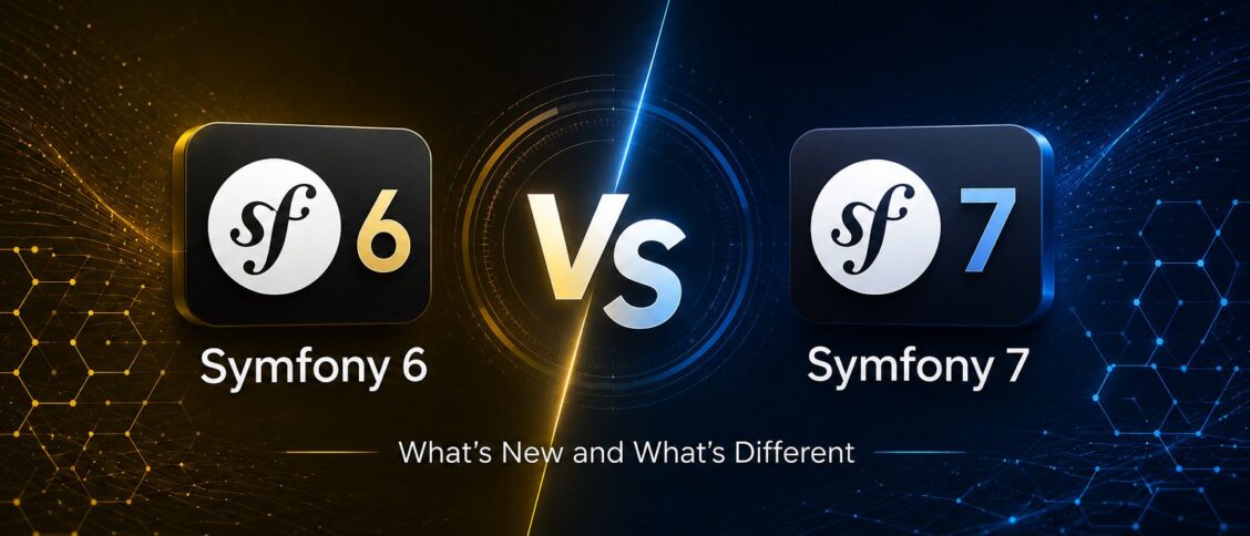 Symfony 7 vs Symfony 6 comparison showing PHP 8.2 minimum, removed deprecations, AssetMapper improvements, and the upgrade path between major versions