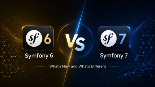 Symfony 7 vs Symfony 6 comparison showing PHP 8.2 minimum, removed deprecations, AssetMapper improvements, and the upgrade path between major versions